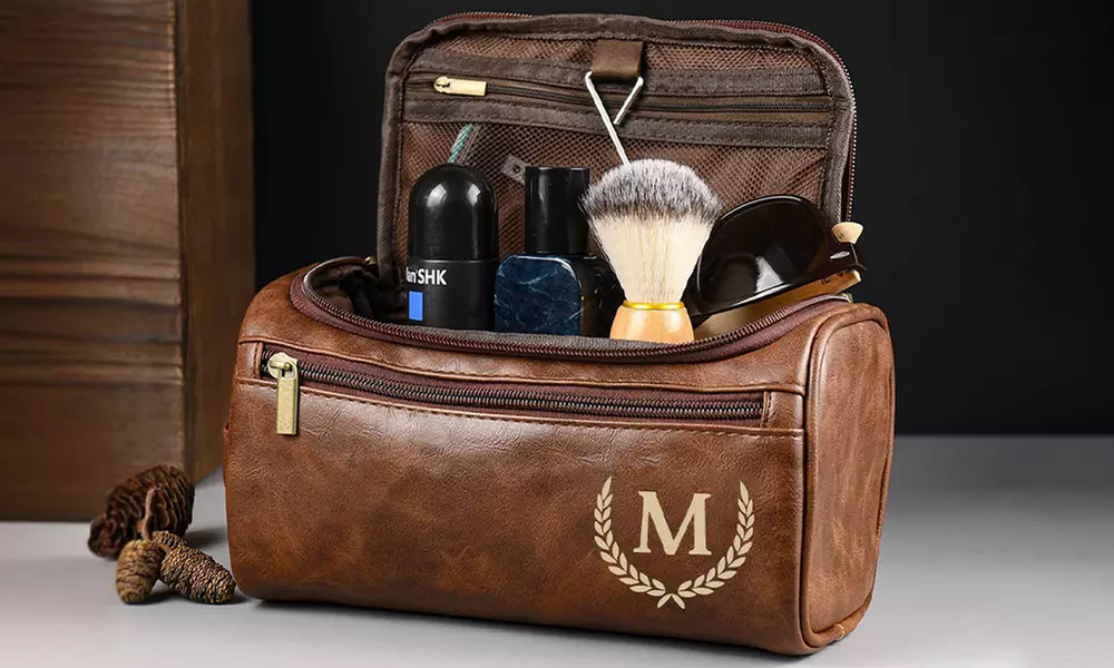 Travel in style with personalized vegan-friendly leather toiletry bag