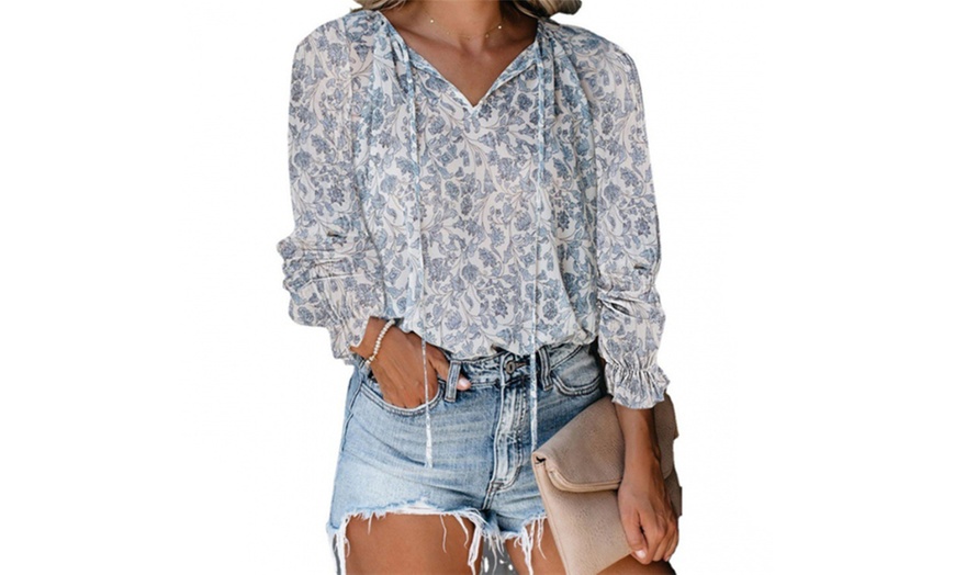 Image 3: Women's V-Neck Floral Chiffon Blouse