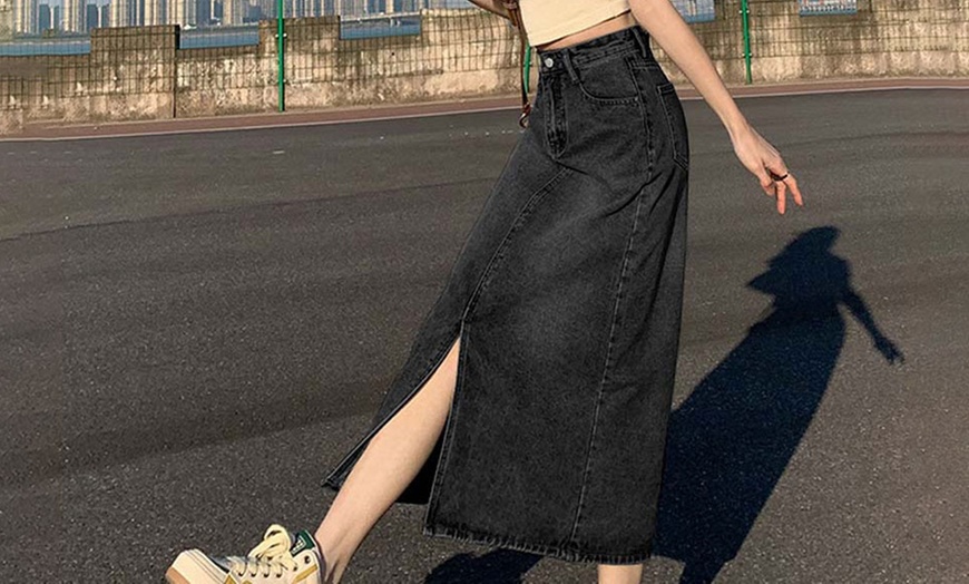 Image 6: High Waist Ankle-Length Denim Skirt