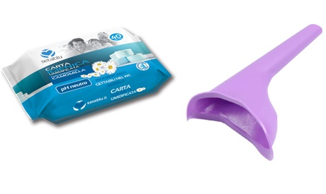 Urinatoio per minzione femminile, in silicone, portatile e riutilizzabile con 40 salviette igieniche incluse