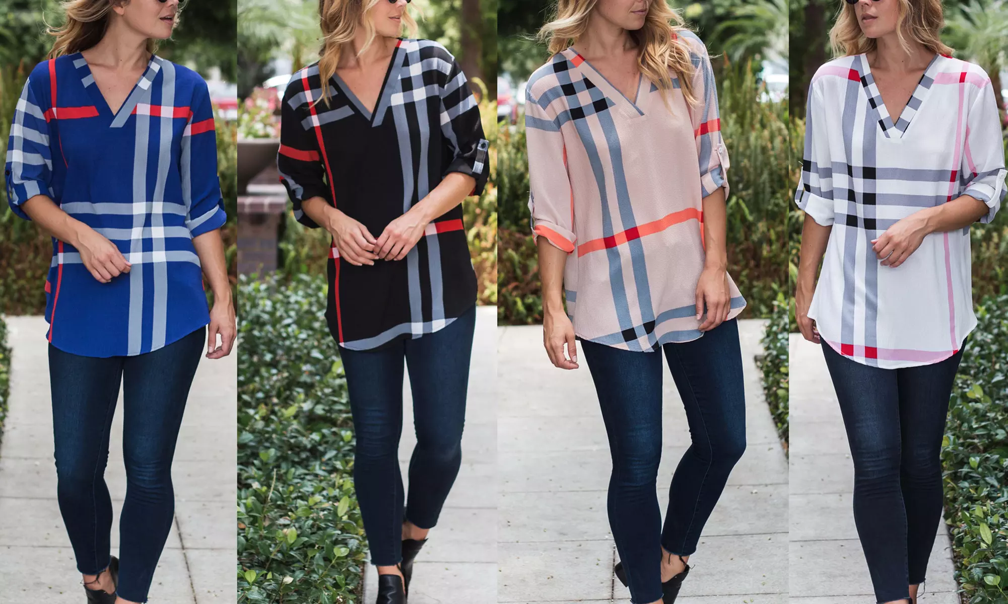 Reflection Women's Plaid Poly Roll-Tab Blouse S-3X - Primary Image