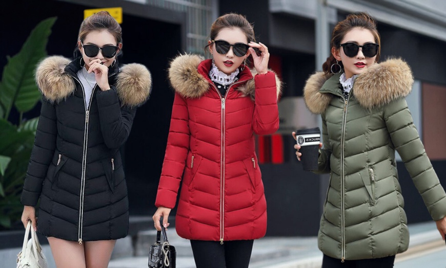 Image 1: Big Fur Collar Slim Mid-length Women’s Cotton Coat