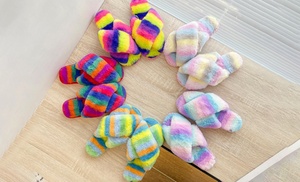 Rainbow Faux Fur Cross-Over Slippers