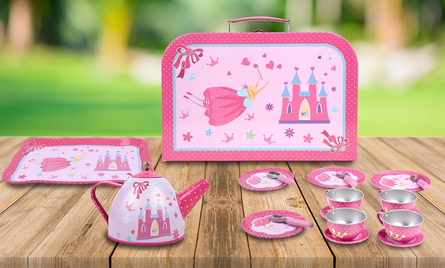 Image 2: 18-Piece Pretend Play Metal Tea Set with Carry Case