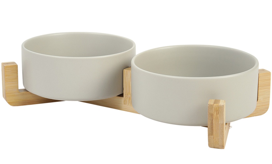 Image 1: Double Ceramic Cat Bowl with Bamboo Stand