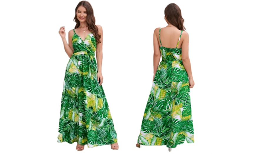 Image 3: Women's Palm Printed V Neck Spaghetti Strap Maxi Dress