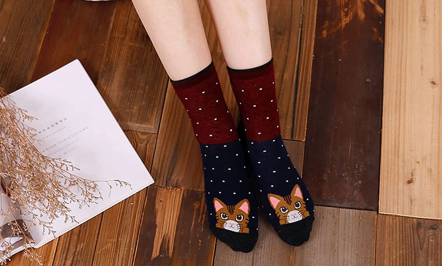 Image 3: 1 oder 5 Paare Damen-Socken mit Katzen-Motiven