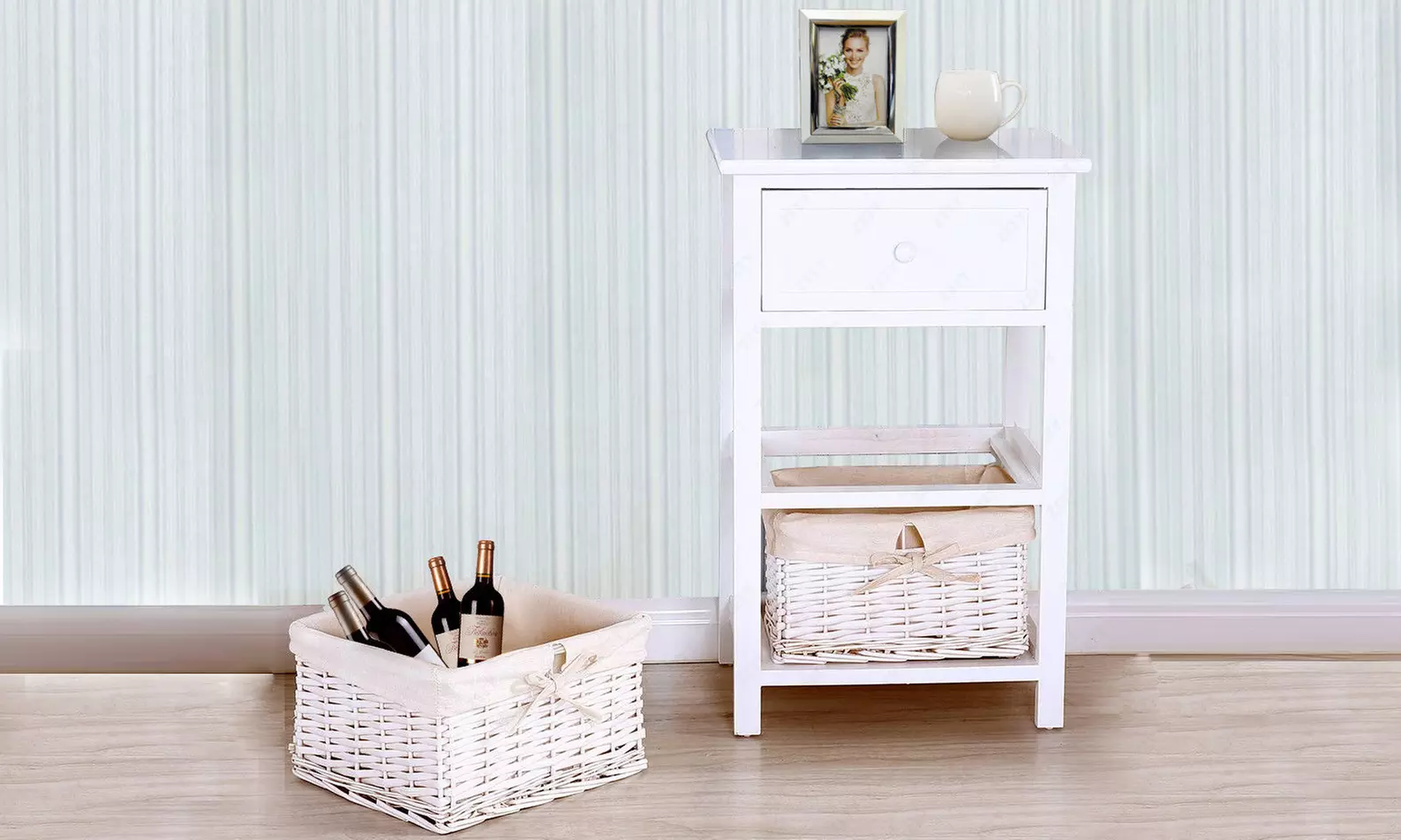 White 3-Layer Nightstand or End Table with Drawer and 2 Wicker Baskets - Primary Image