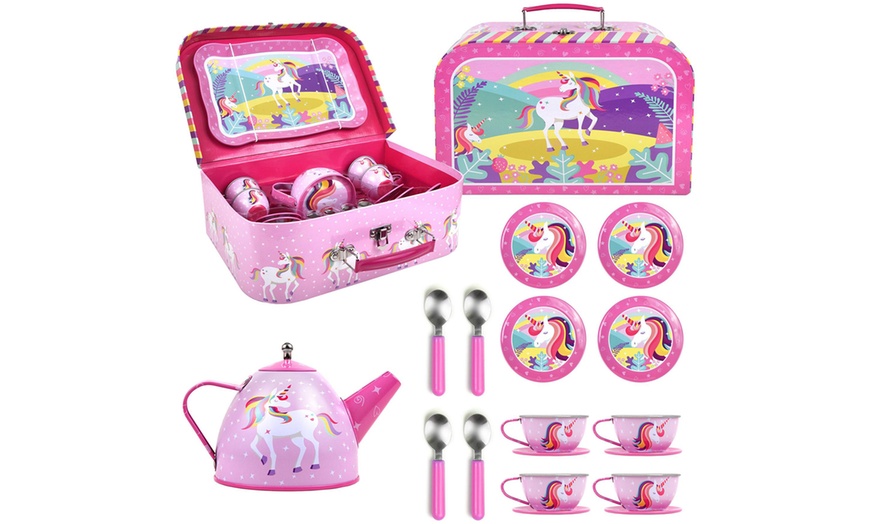 Image 18: 18-Piece Pretend Play Metal Tea Set with Carry Case