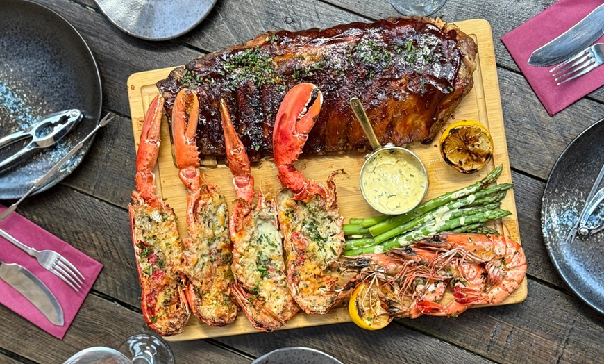 Image 2: Surf & Turf: Whole Lobster, Ribs & Seafood Platter with Bottle of Wine