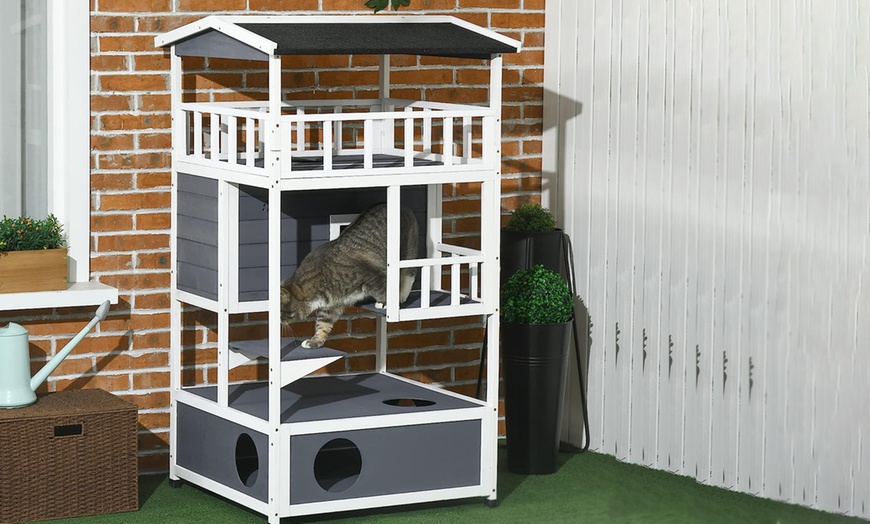 Image 1: Wooden Outdoor Three-Tiered Cat House