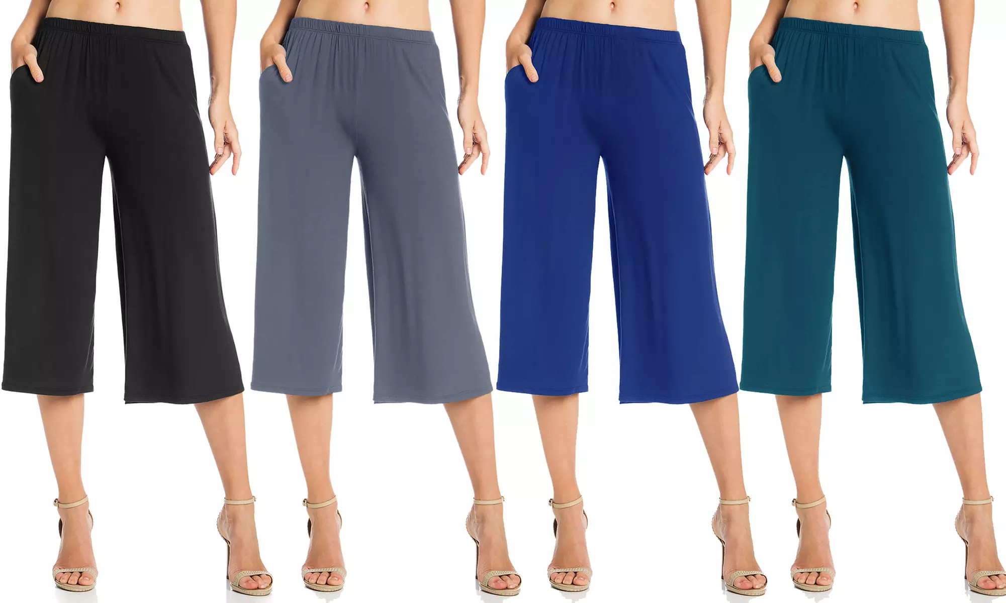FACA Women's Elastic Waist Jersey Culotte Capri Pants with Pockets - Primary Image