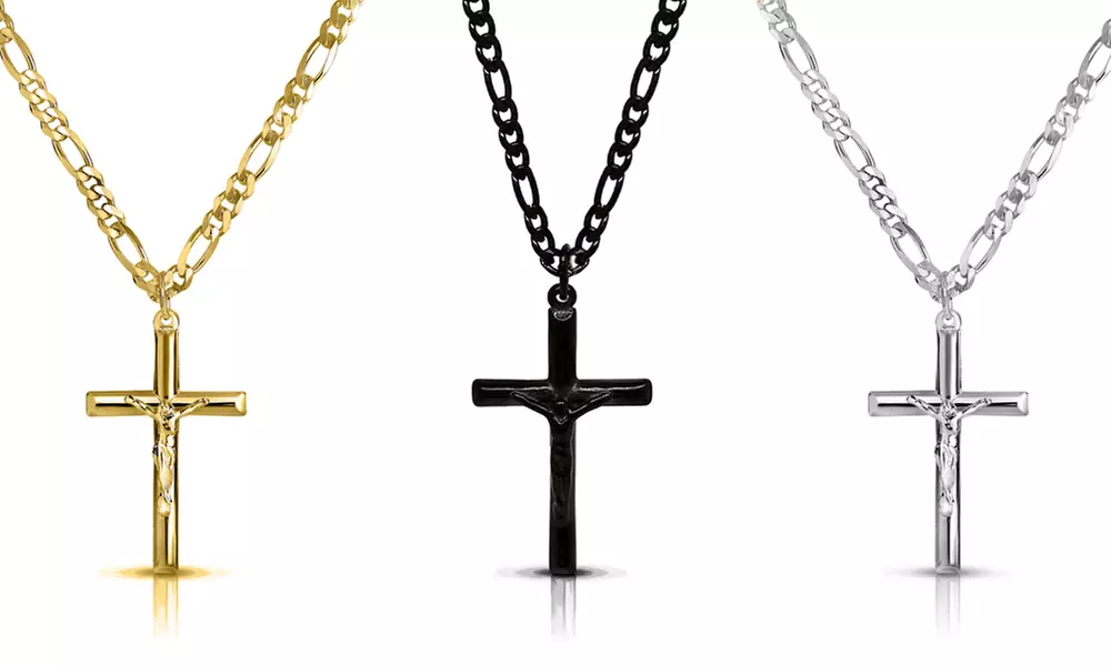 Men's Stainless Steel Crucifix Cross Pendant with 24" Figaro Chain - Primary Image
