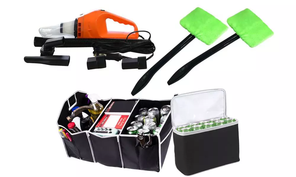 Car Cleaning and Organizing Kit - Mini Vacuum, 2 Windshield Cleaners, and Trunk Organizer with Pouch (7-Piece Set) - Primary Image