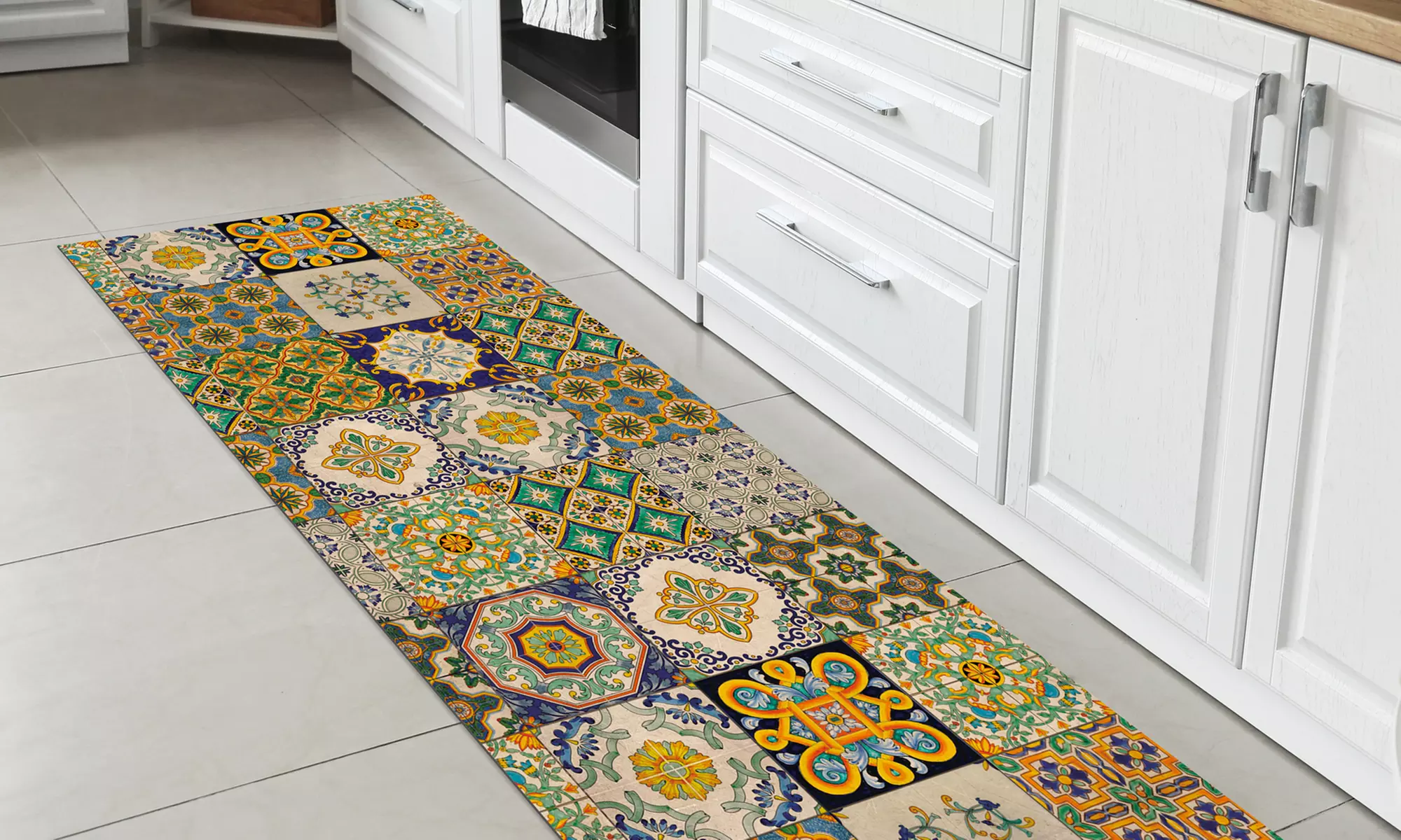 Alfombra de cocina con diseño de azulejos y reverso antideslizante