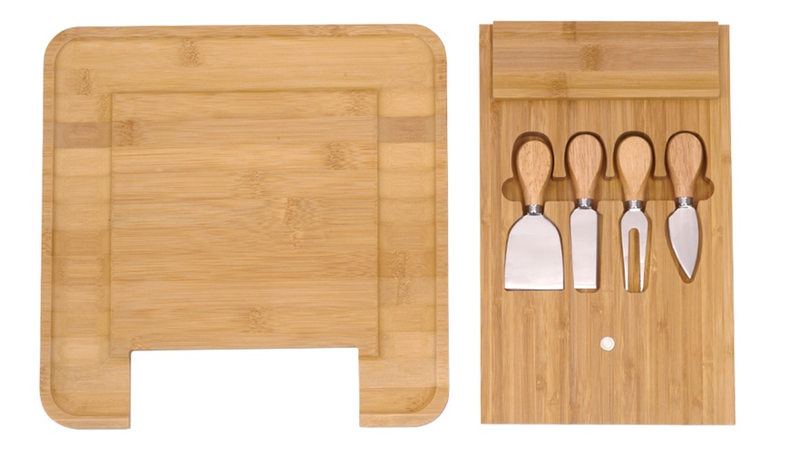 Image 5: Bamboo Cheese and Charcuterie Board with Knife Drawer and Four Knives