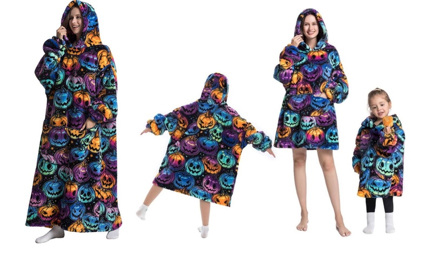 Image 1: Pumpkin-Print Oversized Wearable Hoodie Blanket