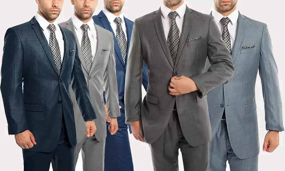 Men's Ultra Slim Fit Sharkskin Suit with Free Assorted Watch - Primary Image