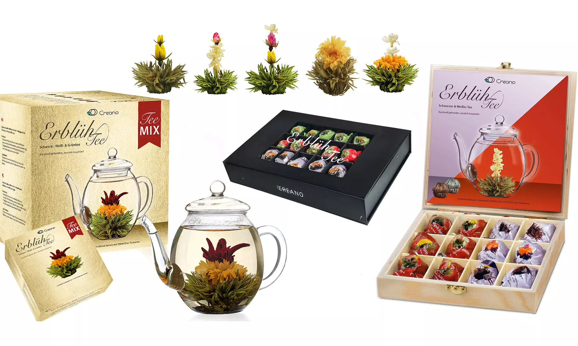 6, 12, 18 ou 36 fleurs de thé option théière en verre de la marque Creano - Primary Image