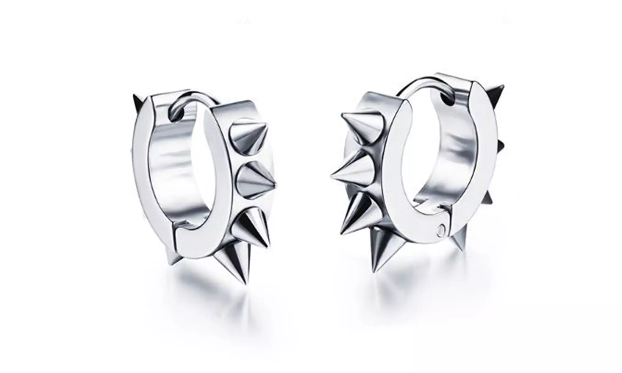18K White Gold Plated Stainless Steel Spiked Huggie Hoop Earrings - Primary Image