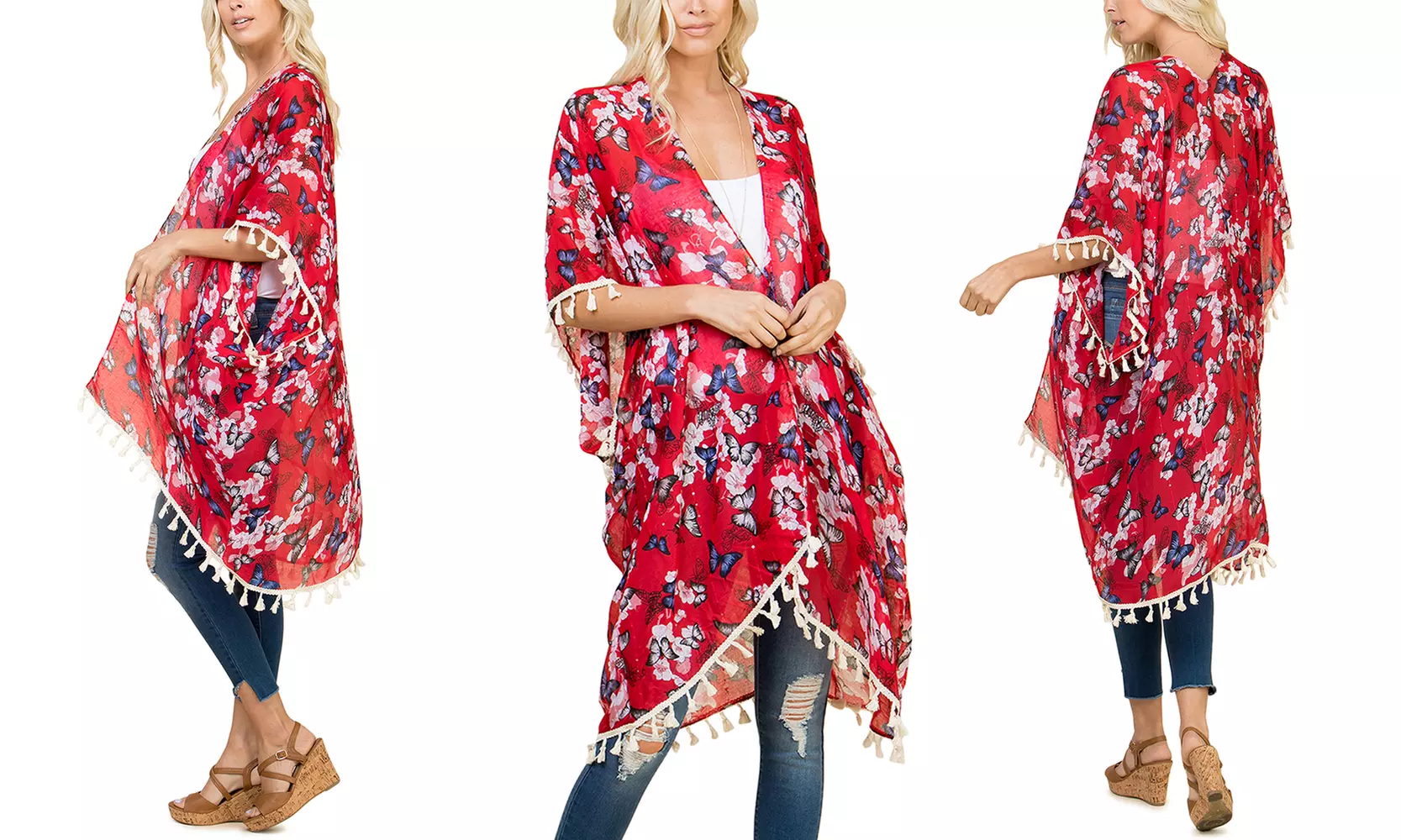 Women's One-Size Butterfly & Floral Print Tassel-Trim Kimono - Second Medium