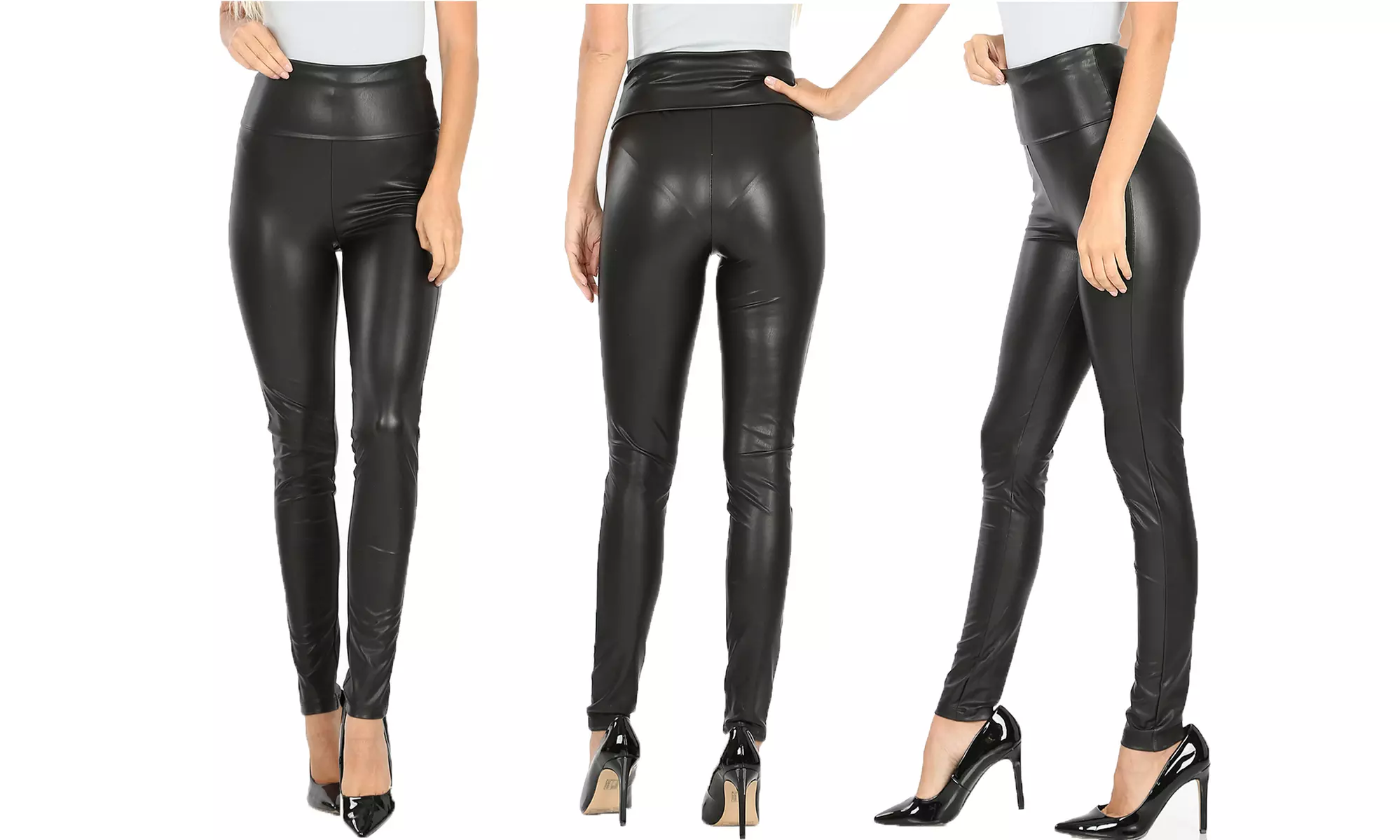 Faux Leather High-Waist Foldover Tummy Control Leggings - Primary Image
