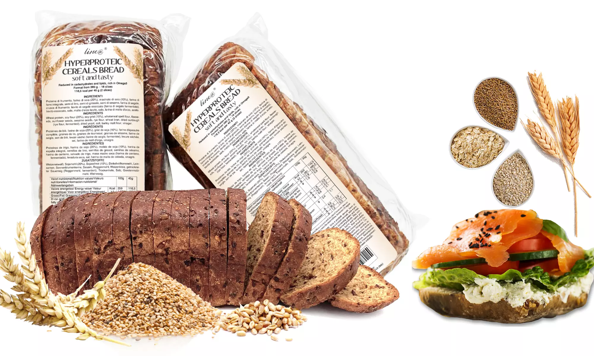 lot de 2, 3 ou 4 pains hyperprotéinés aux céréales pauvres en glucides et en lipides - Primary Image