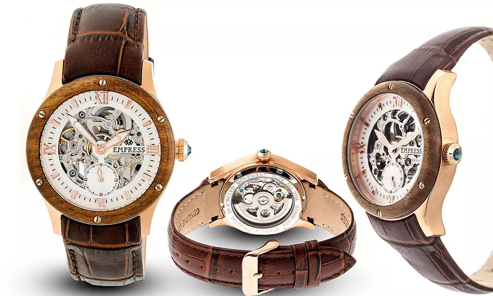 Empress Victoria Women's Automatic Skeleton Dial Wooden Bezel Leather Strap Watch - Second Medium