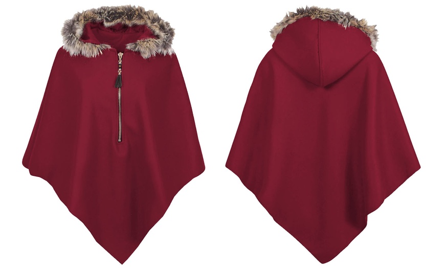 Image 12: Ladies Fur Trim Hooded Cape 