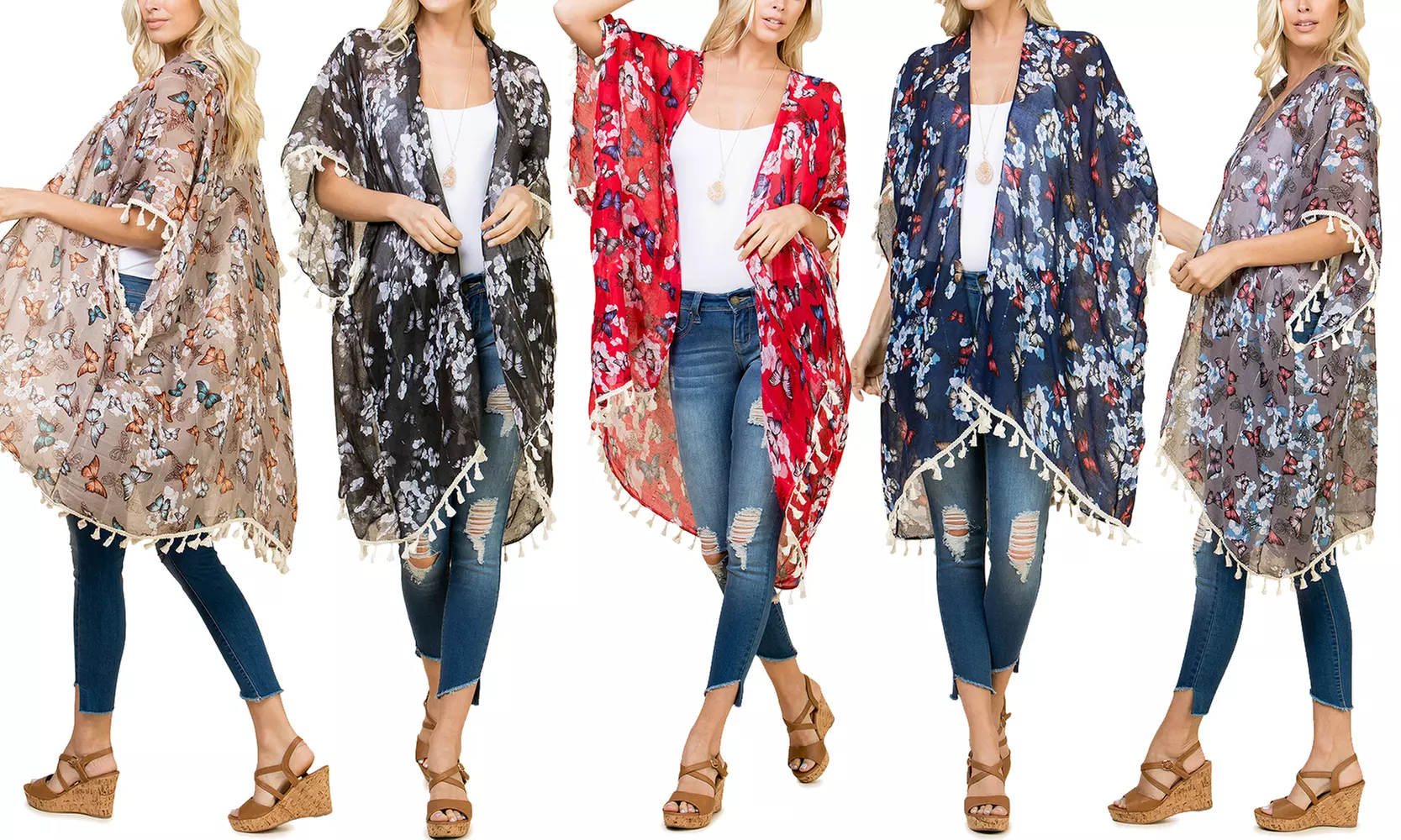 Women's One-Size Butterfly & Floral Print Tassel-Trim Kimono - Primary Image