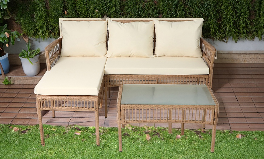 Image 1: Three-Piece Neo Rattan Wicker Rope Corner Outdoor Furniture Set