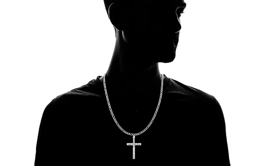 Men's Italian Solid Sterling Silver Cross Necklace With 24" Italian Figaro Chain - Second Medium
