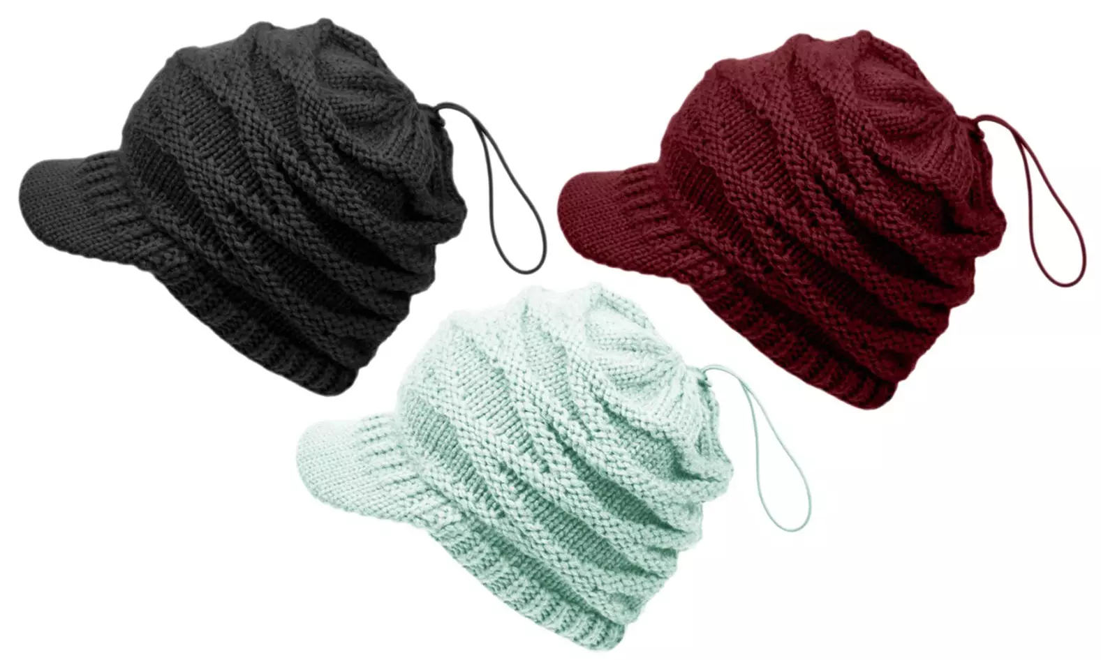 Ponytail or High Bun Knitted Beanie Hat with Visor - Primary Image