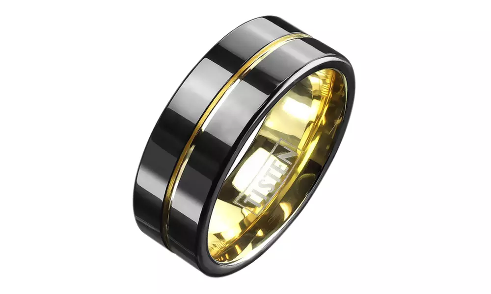 Spikes Two-Tone Black and Gold Plated Tisten Groove Center Ring - Primary Image