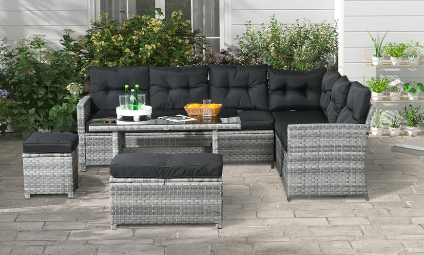 Image 1: Outsunny Five-Piece Rattan-Effect Patio Furniture Set with Corner Sofa