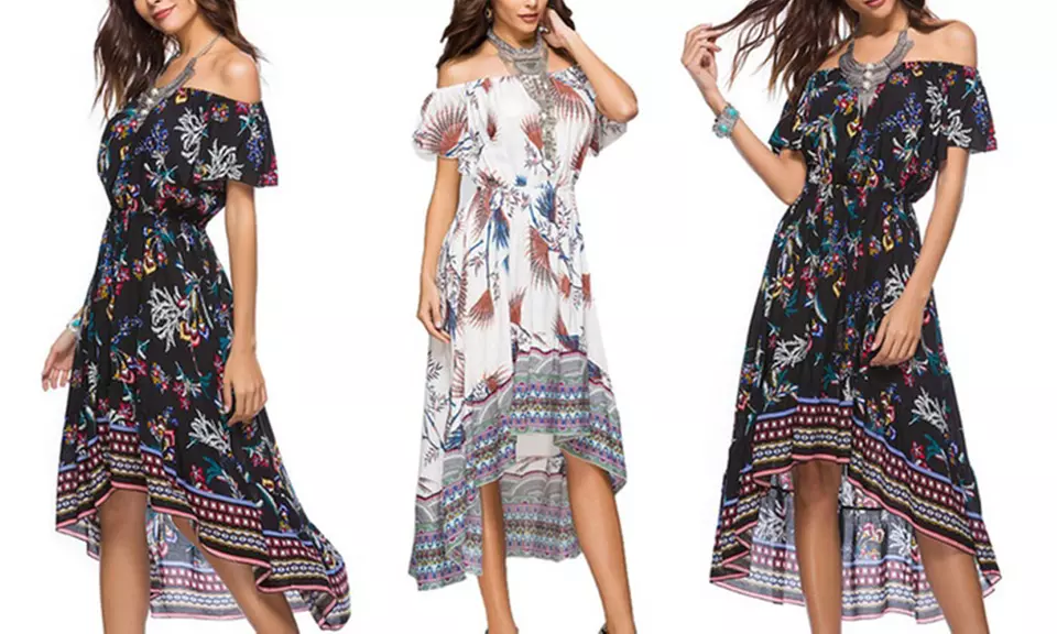 Leo Rosi Women's Olivia Off Shoulder Printed Ruffle Dress with High-Low Hem. Plus Sizes Available. - Primary Image