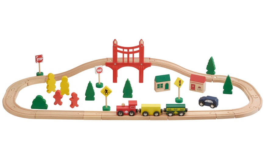 Image 2: 40-Piece Wooden Train Set