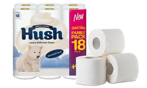  18, 36 or 72 Rolls of Hush Three-Ply White Toilet Tissue Paper 