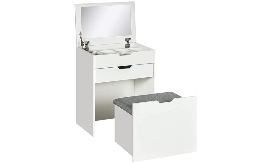 Image 1: HomCom Dressing Table with Flip-Up Mirror and Storage Stool