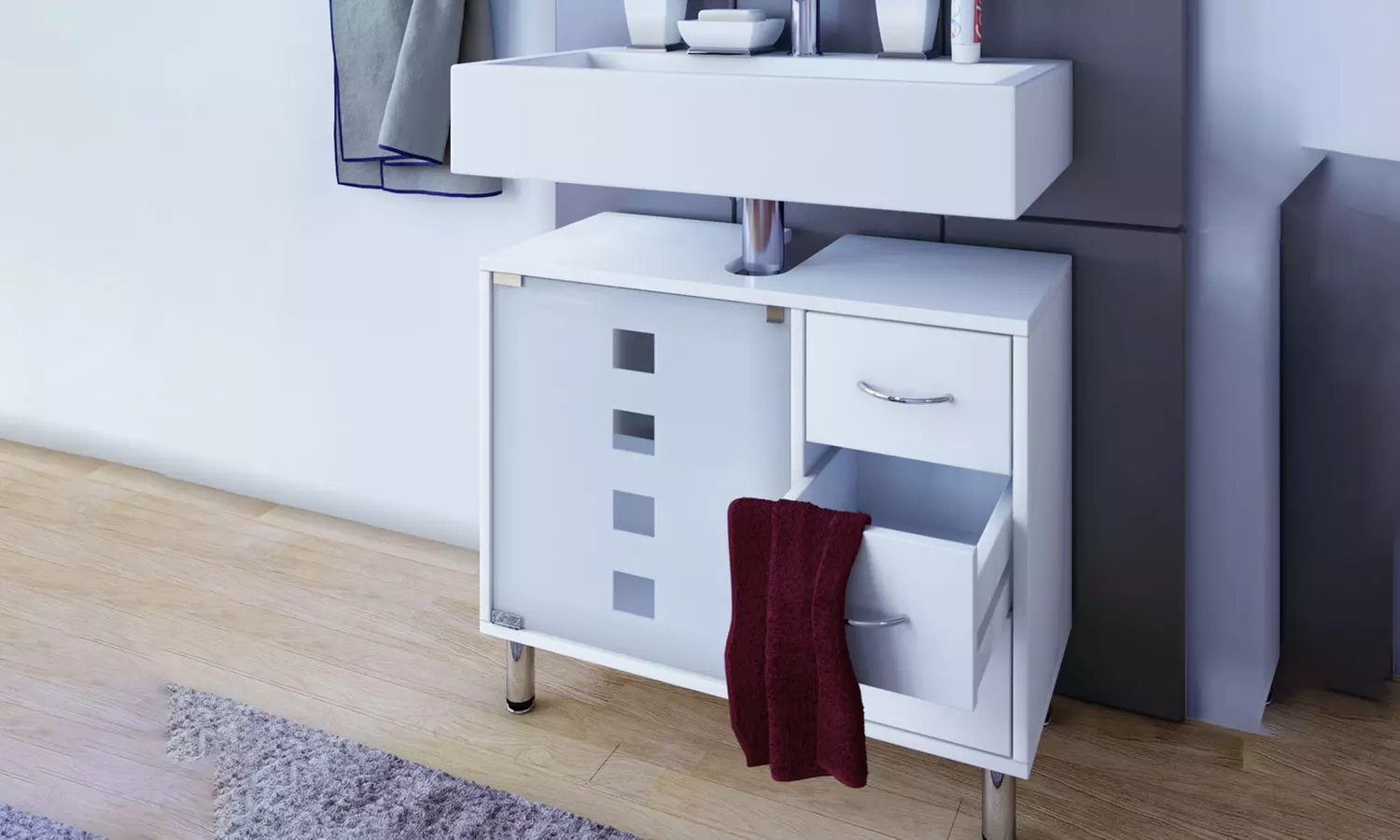 Waschtischunterschrank Darola mit Mattglastür und 3 Schubladen in Weiß - Primary Image