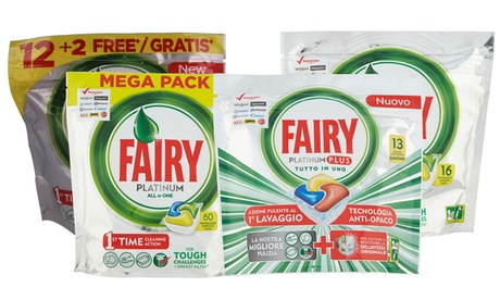 Fino a 6 set di confezioni di Fairy platinum per lavastoviglie disponibili in 2 fragranze