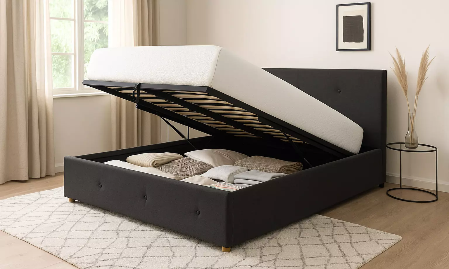 Lit coffre majestueux tissu capitonné Sampur