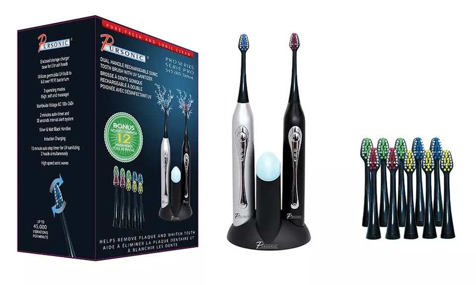 Pursonic Dual-Handle Sonic Toothbrush with 12 Replacement Heads and UV Sanitizer - Primary Image