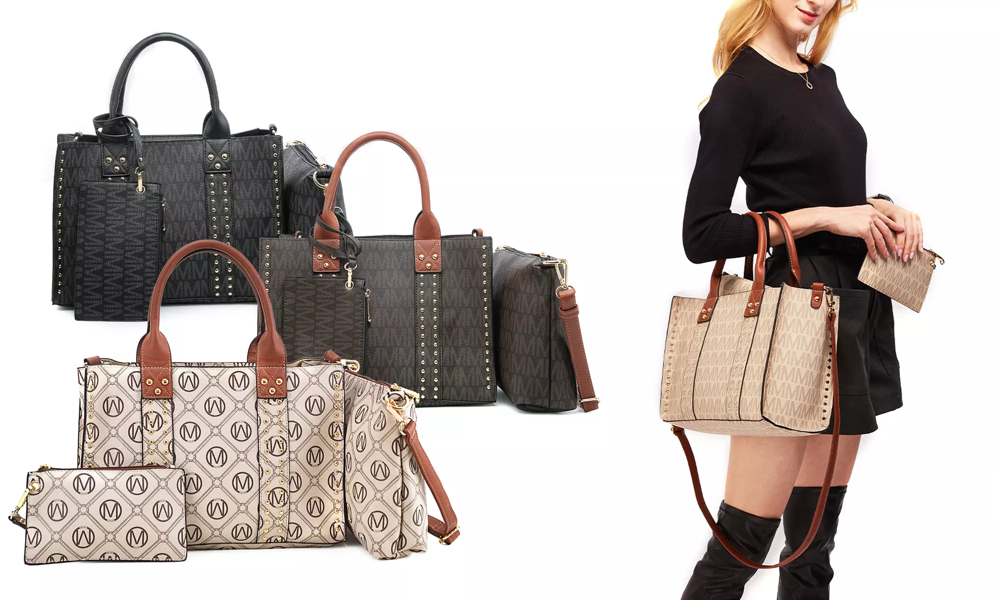 Marco Collection Stella M Logo Faux Leather Monogram Tote Bag with Matching Pouch and Wallet - Primary Image