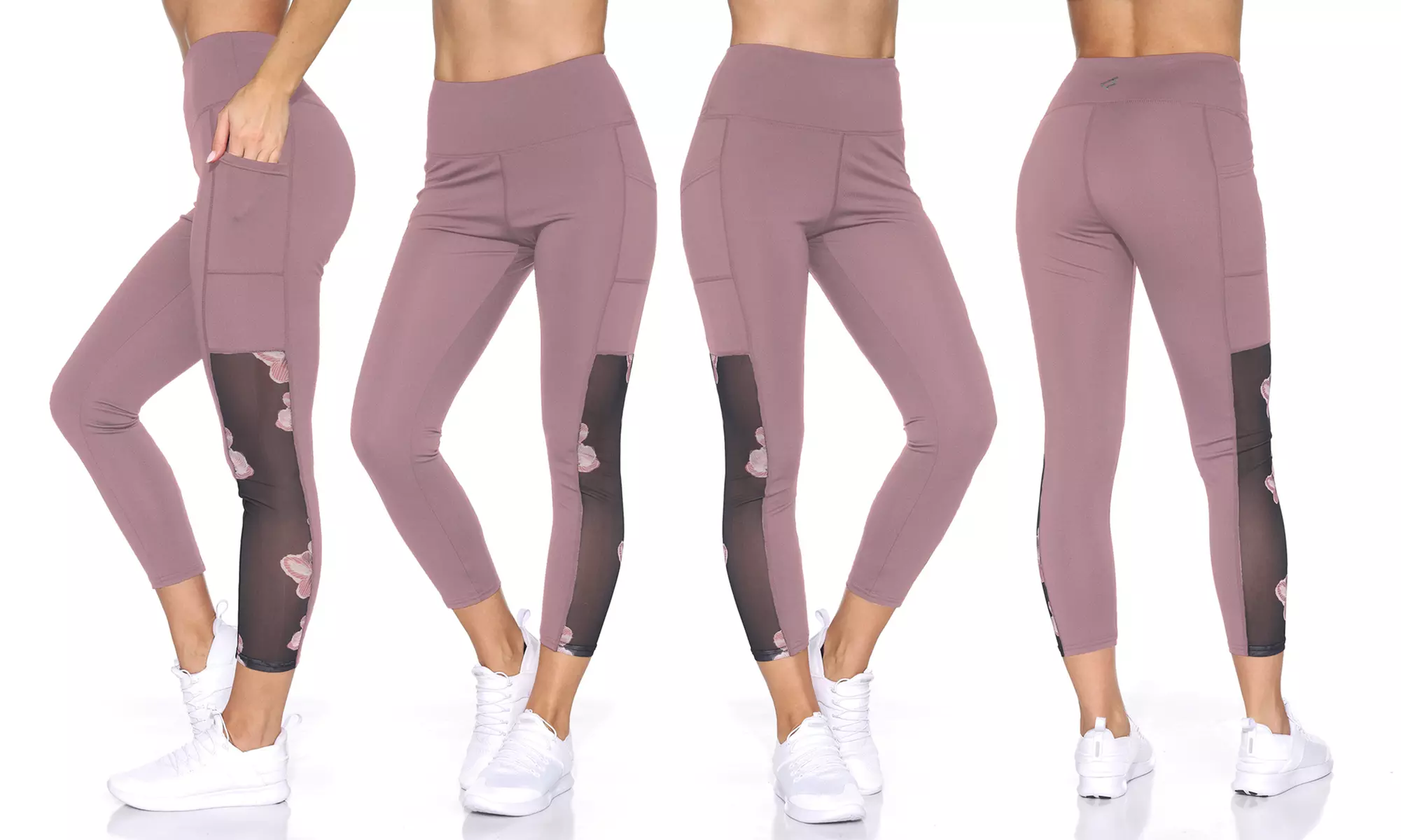 BSP Women's High-Waist Active Capri-Length Leggings with Floral Printed Mesh - Second Medium