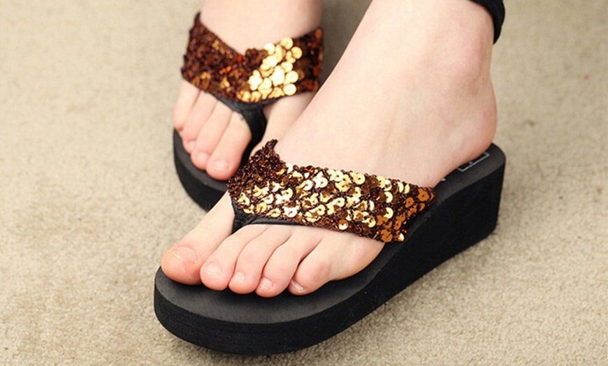 Image 7: Sequin Platform Flip Flops