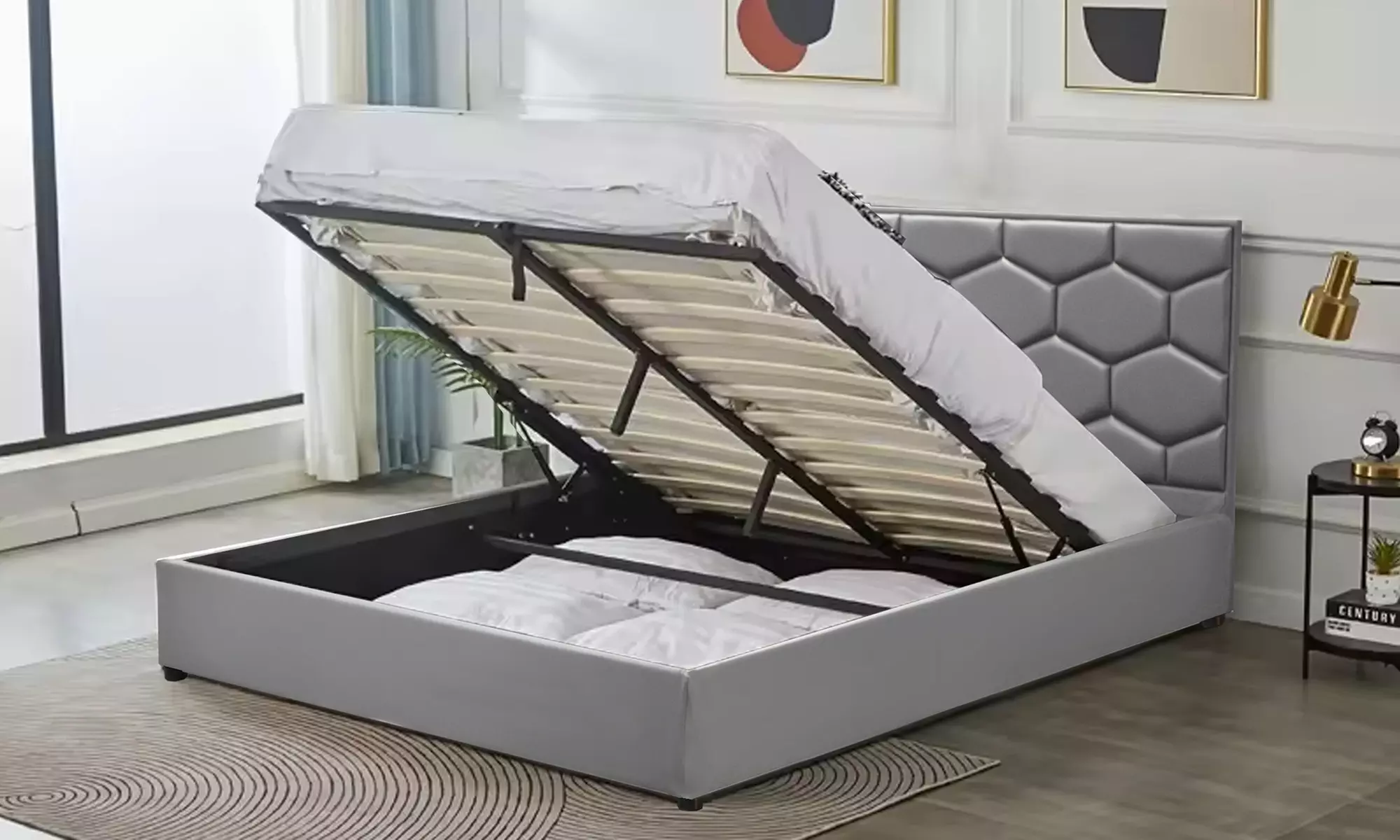 Lit coffre ''Manhattan'' en simili cuir, avec grand espace de rangement et tête de lit design, matelas en option, Sampur - Primary Image