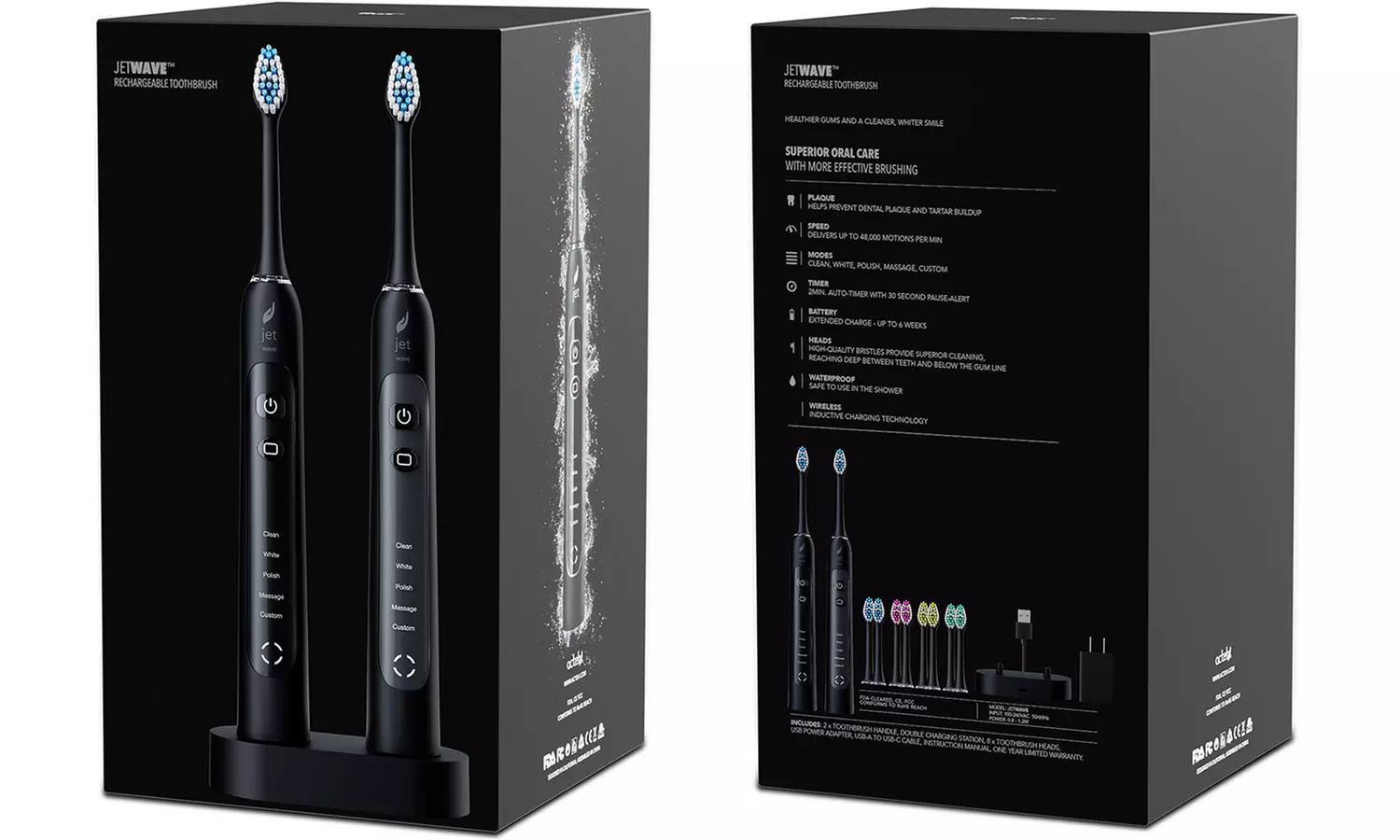 JetWave Sonic Toothbrush Double Set w/ Charging Base and 8 Brush-Heads - Second Medium