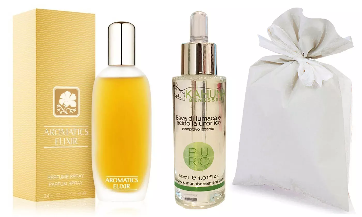 Eau de Parfum Aromatic Elixir Clinique e siero bava di lumaca Kahuna Benessere