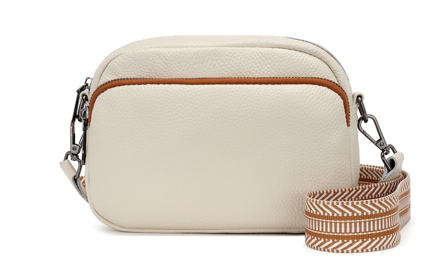 Image 2: Leather Crossbody Shoulder Bag with Jacquard Woven Strap